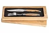 Laguiole en Aubrac Besteck Set, 1 Steakmesser und 1 Gabel, Griff aus Olivenholz - Original aus Frankreich, inkl. Echtheitszertifikat und schöner Aufbewahrungsbox aus Holz