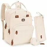 Dikaslon Wickeltasche Rucksack – Großer Wickelrucksack mit viel Stauraum, Wickeltasche groß mit Schnullerhalter, Wickelauflage & Kinderwagengurten – für Mama & Papa (Beige, Einheitsgröße)
