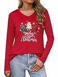 Wayleb Weihnachts T-Shirt Damen V-Neck Langarm Oberteil mit Tannenbaum Print Figurbetont Basic Shirt Weihnachten Damen Lustig Tshirt Rot XL