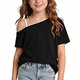 XINYUNZU T-Shirt Mädchen Sommer Asymmetrisches Tshirt Tee Shirt Schulterfrei One-Shouldertop Girls Casual Oberteil Kurzarm Einfarbig Mode T-Shirts für Kinder Schwarz 13 Jahre