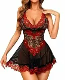 RSLOVE Babydoll Dessous für Frauen Spitze Chemise Sexy Nachtwäsche Kleid Schwarz Rot Large