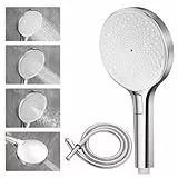 Auralum Duschkopf mit Schlauch, Duschbrause mit 4 Strahlarten, Duschkopf Wassersparend Groß 140mm mit Duschschlauch 1.5m, Brausekopf Dusche mit Antikalk-Funktion, Shower Head für Baden