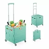 Relaxdays Einkaufstrolley, klappbar, Einkaufskorb mit Rollen, Deckel & Teleskopgriff, bis 35 kg, Klapptrolley, türkis