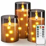 Homemory Flackernde Flammenlose Kerzen mit Lichterkette, Batteriebetriebene Kerzen, Eingebettete Lichterkette, LED-Kerzen, Unzerbrechliche Kerzen mit Fernbedienung, Grau, Dekorationen, 3er-Set
