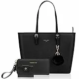 URAQT Damen Handtasche Schwarz, Damen Shopper Handtasche Leder Damen Tasche Groß Schule Handtasche für Büro Schule Einkauf mit Kaninchen Pelz Kugel Plüsch Schlüsselring (Mit Geldbörse