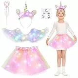 Aitsite Einhorn Flügel Kostüm Kinder, Leuchtende Kinder Einhorn Kostüm, LED Tutu Tüllrock Einhorn Kostüm Mädchen, Tutu Rock mit Einhorn Headband, EinhornKostüm für Karneval und Cosplay Party