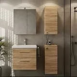 Planetmöbel Badmöbel Set Waschtisch mit Unterschrank 63 x 60 x 36,5 cm, Spiegelschrank 60 cm mit LED-Leuchte (schwarz matt) & Steckdose, inkl. 2X Midischrank, Moderne Badezimmer Möbel, Sonoma Eiche