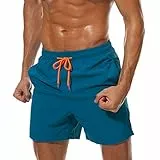 Qrity Herren Badeshorts, Badehose Herren Jungen Badeshorts Männer, Strandhose mit Taschen, Schwimmen Schnelltrocknen, Strandshorts, Verstellbarer Kordelzug, Pfauenblau-L
