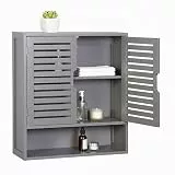 Relaxdays Hängeschrank Bad, 3 Fächer, HBT: 66 x 59 x 21 cm, Lamellentüren, Magnetverschluss, schmaler Wandschrank, grau