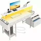 Rolanstar Schreibtisch mit Steckdose, Computertisch mit 5 Schubladen, LED, Aufbewahrungstasche & Monitorständer, Moderner Eckschreibtisch für Homeoffice & Gaming (Weiß)