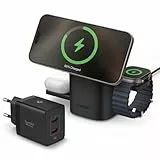 Spigen Qi2 15W MagSafe 3-in-1 kabellose Ladestation [Touch-Steuerung] Bundle + 47W GaN 2-Port Ladegerät – Schnelles Laden für iPhone, AirPods, Apple Watch