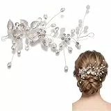 Silber Kristall Stirnband, Haarschmuck Hochzeit Strass Haare mit Perlen Braut Haarschmuck Blumen Perlen Haarkamm Hochzeit Blume Blatt Kopfschmuck für Braut, Frauen, Mädchen