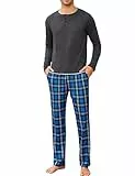 Leversic Schlafanzug Herren Lang mit DREI Knöpfe Baumwolle Langarm Pyjama Set für Männer Winter Nachtwäsche Loungewear Sleepwear, 365-Dunkelgrau, L