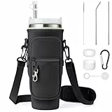 Enbagold Wasserflaschenhalter Tasche für Stanley Cup 40oz, Stanley Cup Tasche mit Riemen und Telefontasche, Strohzubehör & Auslaufsicheres Zubehör und Karabinerhaken (Schwarz)