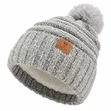 OZERO Damen Wintermütze Haube Strickmütze: Bommelmütze Thermo Fleece Gefütterte Beanie Mütze Wollmützen Mit Kunstfell Pudelmütze Winterkappe (Grau)