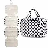 Narwey Kariert Kulturbeutel Damen Kulturtasche zum Aufhängen Waschtasche Kosmetiktasche Groß Waschbeutel Kosmetik-Organizer für Damen Mädchen(Gitter Schwarzes (Medium))
