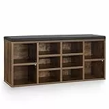 Juskys Schuhregal Holz mit Polsterung, Stoff & 10 Fächern höhenverstellbar 104x30x48 cm - Regal mit Sitzbank bis 150 kg - Antik-Braun/Schwarz