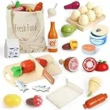 SIMPLIPLAY Holzspielzeug-Lebensmittelset für Kinder – Spielzeug-Lebensmittelsets für die Kinderküche, Zubehör für die Spielküche, Schneideset mit Obst, Gemüse und Fleisch – Kochspielzeug als Geschenk