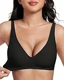 Vinfact Tiefer V BH Damen Ohne Bügel Nahtloser Bequemer Push up BH für Große Brüste Starker Halt T Shirt Schlaf BH Schwarz M