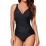 Smismivo Badeanzug Damen Bauchweg Push Up Shape Schwimmanzug mitBügel Retro Schlankheits Raffung Einteilige Bademode Große Größen Swimsuits for Women Swimming Suits Badekleid (schwarz schwarzer)