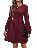 Hotouch Damen Kleider Langarm Strickkleid Rundhals Herbstkleid Puff Leicht Pulloverkleid Elegant Winterkleid Knielang Tunikakleid Freizeitkleid mit Taschen Dunkelrot L