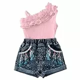 XINYUNZU Bekleidungssets für Mädchen Sommer Outfit Top Ärmellos + Jeanshose Kurz 2-Teiliges Set Mode Freizeitanzug Oberteil und Jeans Shorts Set Zweiteiler Mädchenbekleidung Kinder Rosa 8-9 Jahre