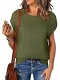 Tankaneo Damen Kurzarm Rundhals Top Häkelstrick T-Shirt Sommer Leicht Loose Fit Shirts.Armeegrün.M