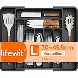 Lifewit Besteckkasten für Schublade, Verstellbarer Besteckhalter Kunststoff Besteckständer, Breite von 30 auf 50 cm, Utensilienhalter Küche Tiefe 38 cm, Küchen Organizer für Löffel/Gabeln, Schwarz