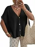 Saodimallsu Strickjacke Damen Kurzarm V-Ausschnitt Cardigan Oversized Fledermausärmel Sommer Strickweste Einfarbig Leicht Knopfleiste Sweater Top Schwarz XL