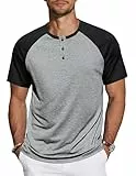 TARAINYA Henley T-Shirts Herren Baumwolle Shirt Kurzarm Patchwork Basic Tee Männer Sommer mit 3 Knopfleiste Dunkelgrau Schwarz XL