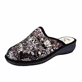 JOMIX Damen Hausschuhe Winter Bequem Geschlossen mit Keil Absatz Florales Glänzendes Muster Rutschfeste Sohle Warm Made in Italy ITD2419 Schwarz 39