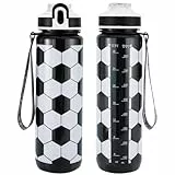NAVTUE Wasserflasche, 1L Sport Wasserflasche mit Strohhalm Zeitmarkierungen Tritan BPA Frei Auslaufsicher Trinkflasche für Schule, Radfahren, Laufen (1 Flasche) (2026Soccer)