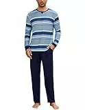 Bresdk Schlafanzug Herren Lang Baumwolle Streifen Winter Pyjama Set Oberteile und Lange Hosen Hausanzug Sleepwear Marineblau + Hellblau XL
