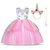 URAQT Kinder Einhorn Kostüm Kleid, Mädchen Einhorn Rock, Blumen Mädchen Ärmellos Partykleid, Geburtstagskleid Festkleid, Fasching Karneval Verkleidung mit Unicorn Outfit Set, 120cm（Rosa-B）