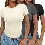Ekouaer Damen 3 Pack T-Shirts Rundhlas Unterhemd Kurzarm Oberteil Slim Fit Basic Crop Tops, Schwarz + Beige + Grau, S