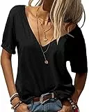 Tankaneo Damen Mode tief V-Ausschnitt Kurze Ärmel Tops Solide Lässig Lose Basic T Shirt Reines Schwarz L