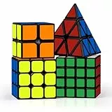 ROXENDA Zauberwürfel Set - 2X2 3X3 4X4 Pyramide Speed Würfel Set mit Würfel Tutorial für Kinder und Erwachsene, [4er Pack] (Schwarz)