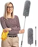 Staubwedel Teleskop Waschbar，Staubwischer lang ausziehbar bis 2,45m，staubwedel mit teleskopstange und Biegbar，Spinnwebenbesen für hohe Decken Deckenventilator spinnenweben Eckbesen Grau