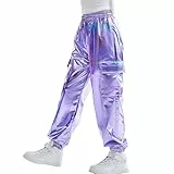 Rolanko Cargo Hosen für Mädchen, Metallische Tanz Hip Hop Hosen für Kinder Mit Elastischem Bund, Retro Disco Streetwear, Blau Violett, Größe:8-9 Jahre/140