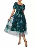 A-Linie Sommerkleid Damen Kurzarm Blumen Kleid Hochzeitsgast Damen Elegante Midi Abendkleid Strandkleid Sommer Grüne Blume L