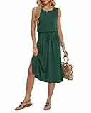 AUSELILY Sommerkleid Damen Midi Strandkleid Damen luftig Ärmellose Eleganter Casual Schlitzrock Kleider mit Taschen Grün L