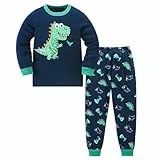 Codkkre Schlafanzug Jungen Kinder Pyjama Junge Auto Langarm Baumwolle Winter Weihnachten Nachtwäsche Gr.110, Dunkelblau/Dinosaurier