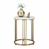 Relaxdays Beistelltisch MARMO, runder Sofatisch, Metall & MDF, weiß/Gold