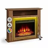 Elektrokamin BALDERIA Liora - Elektrischer Standkamin mit Ablagefach, 3D-Flammeneffekt, LED-Ambientebeleuchtung, Heizung 2000W, Timer, Thermostat, Fernbedienung - Dunkle Eiche