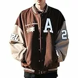 Moshtashio Herren-College-Jacke, Baseball-Bomberjacke, Vintage-Sweatshirt, lässig, Unisex, Streetwear, Mäntel mit Aufnäher, 1 x Braun, 3XL