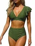 OUSIMEN Damen Bikini Set V-Ausschnitt Rüschenärmeln High Waist Bademode Zweiteiliges Badeanzug Bauchweg Swimsuit