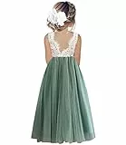 Beganly Mädchen Lange Festtagskleider Lieblich ärmellos V-Rücken Kleid Spitze Maxi Tüll A-Linie Prinzessin Partykleid Blumenmädchen Kleider Salbei Grün 3 Jahre (Sage Green 100)