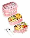 Lille Home Lunchbox, 2-stöckige Bento-Box mit 4 Fächern, 1650 ml Fassungsvermögen, inklusive Besteckset, BPA-frei, auslaufsicher (Rosa)