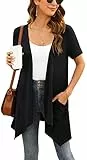 Yommay Strickjacken für Damen Elegant Solide Kurzen Ärmel Strickjacke Casual Sommer Leichter Lockere Cardigan mit Taschen,Schwarz,Groß