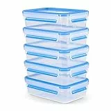 EMSA Clip & Close Frischhaltedosen-Set, rechteckig, 5 X 0,8 L, Aufbewahrungsboxen, 100 Prozent dicht, spülmaschinen-, gefrier-, mikrowellenfest, Transparent, Blau, Made in Germany, N10307